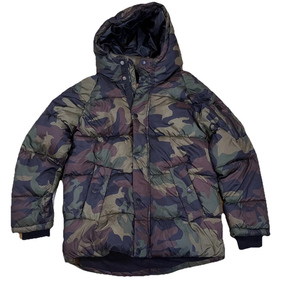 Zara Kids Hooded Puffer Jacket Size 11/12 Green Camouflage Coat Zip Pockets